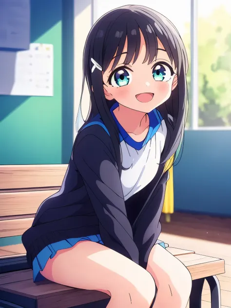 (best quality, masterpiece, RAW photo,ultra-detailed:1.2), 1girl,solo,looking at viewer,smile long straight black hair,
short sleeve gym uniform, hair clip, side parted hair, front view, from below, sitting, classroom, akebi komichi, smiling at you, 1 girl...