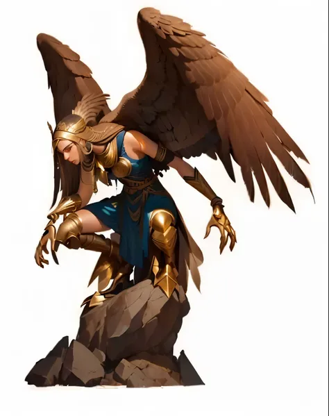 a close-up of a statue of a bird with a bird-like body, harpia, young harpia-girl, harpia woman, inka harpia girl, grifo, do desbravador, warlord black aarakocra eagle, humano alado, female humanoid creature, avian warrior, com asas grandes, Julie Dillon, ...