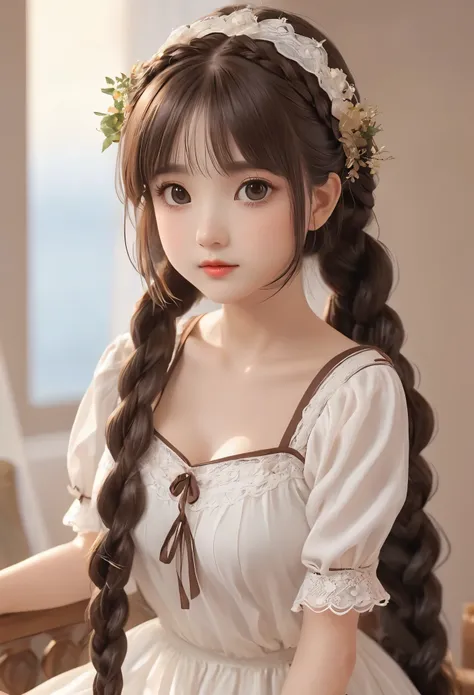 ((best quality, 8k, masterpiece :1.3))little girl、 cute anime style, ,brown double braids、，solitary,exquisite eyes, ((dark brown...