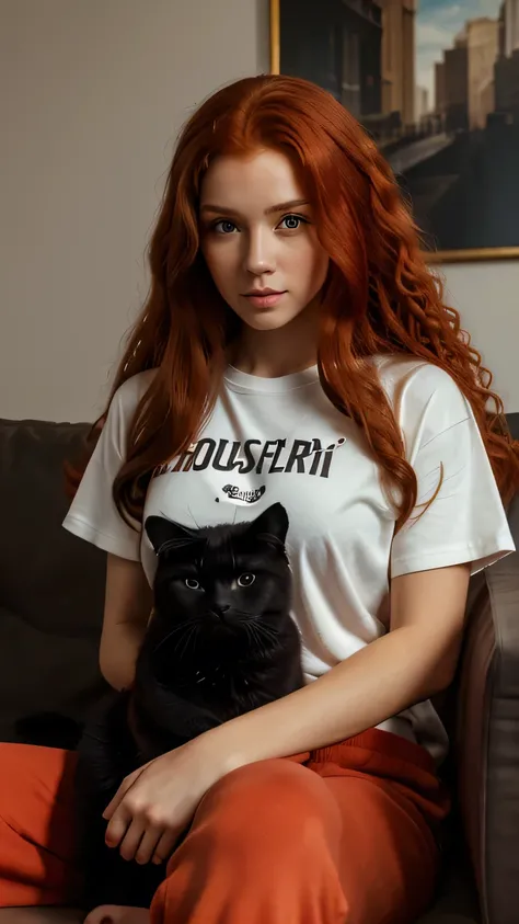 8K, (Best quality), masterpiece, very detailed, (realistic), Young woman, ((long very curly red hair)), sitting on the sofa in a home t-shirt and sweatpants, holding a black fluffy cat in his arms, Young woman улыбается