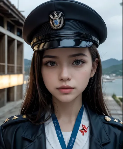 mulher, (rosto perfeito), queixo definido, beautiful lips, (uniforme de oficial militar azul marinho), (enfeites dourados na roupa), cinto de couro marrom com fivela dourada, (medalhas de guerra no peito), (military officer cap), (encostado em uma varanda ...