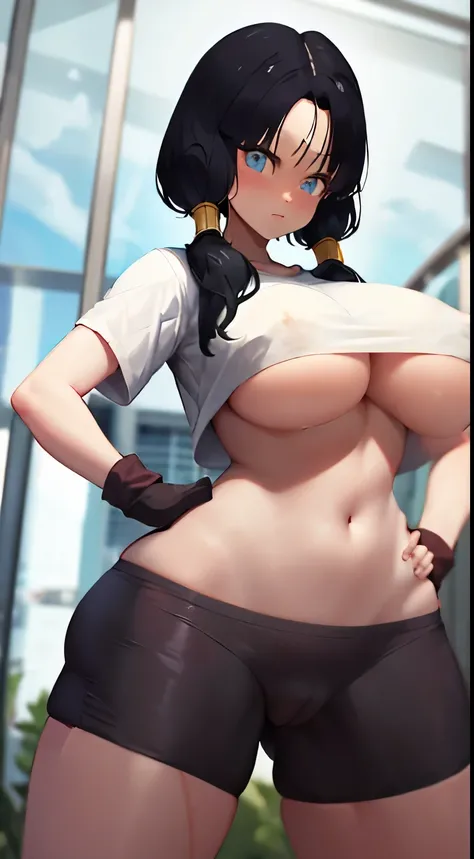 Poking Nipples by Stable Yogi, Covered erect nipples, Nipples, Lifting her shirt, Exhibitionist, Big Breasts, tops up, Videls breasts measure 106 cm, masterpiece, best quality, highres, videl2, solo, blue eyes, black hair, twintails, black gloves, bike_sho...