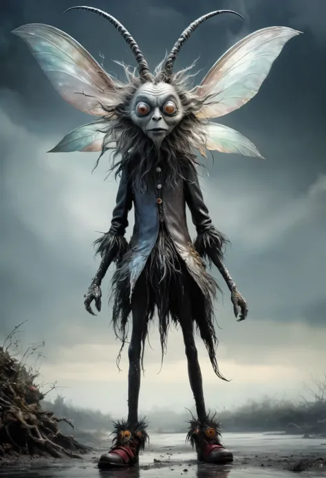 full-body-shot,Very tall pearl fairy, who cant fly,Cinematic,Muted colors, Technicolor,natural skin textures, hyper realisitc, hyper detailed,Extremely detailed,High contrast,Masterpiece,Realistic,Ultra Detailed,mother-of-pearl leather,Quentin Blake Style ...