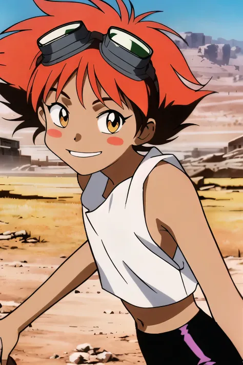 Edward, midriff, orange hair, blush stickers, (tanned skin) white sleeveless loose midriff, over the shoulder, tight black shorts, brown eyes, goggles on head, smile, walking in ruined desert city, bare feet, upper body, looking at viewer (insanely detaile...