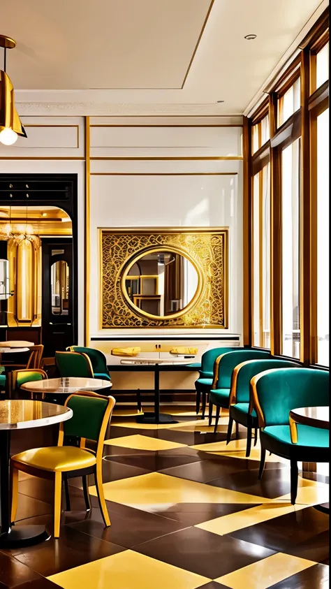 The interior of a café, with tables, chairs and decorative elements intermingling in a colorful swirl of golden highlights.