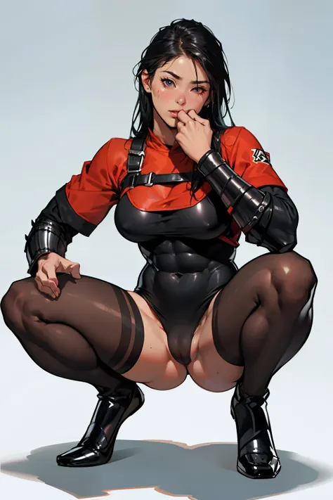 (high resolution, pixel perfect, gorgeous illustrations), (hyper quality, muste piece, etheric: 1.4), ((solo, 1girl)), ((nsfw)), ((breast sucking)), (((((squatting))))), cool atmosphere, long black hair, ((Exquisite face)), ((((vulgarity)))), (((((((muscul...