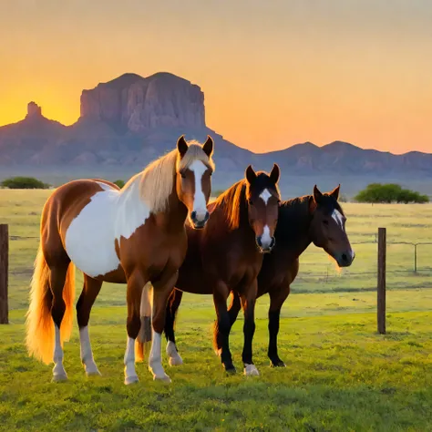 Horses standing in a pasture at sunrise in west texas