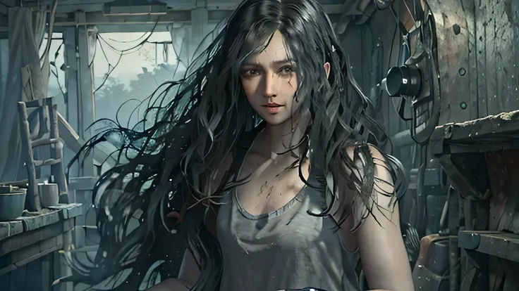 black hair, very long hair, messy hair
plain gray tank top, blue jeans,
night, ship cabin, fog,
(very detailed, masterpiece, bes...