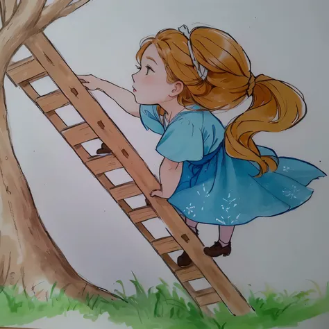 drawing of a girl climbing a escada up a tree to reach a branch, inspirado em Claire Hummel, inspirado em Elsa Beskow, inspirado em Jessie Newbery, escada, standing on a escada, inspirado em Sophie Anderson, escadas, inspirado em Cicely Mary Barker, desenh...