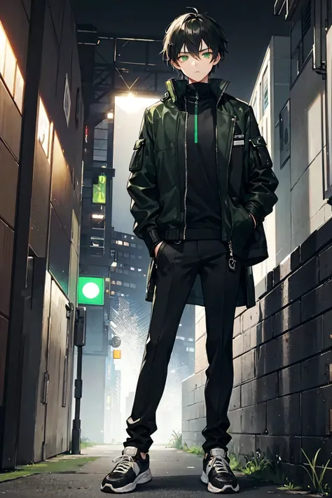 A 20 year old boy with green eyes, black hair, jacket, black pants, fingerless gloves with a black and green features, a sneaker with the same feature, leaning against a wall at a city at nighttime. Best quality, city, night., detailed face, solo.