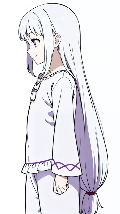 (1girl,9 years old,small,kid),white hair,long hair,((dark purple pijama)),long sleeves,smile,serious,(white background,line drawing),profile