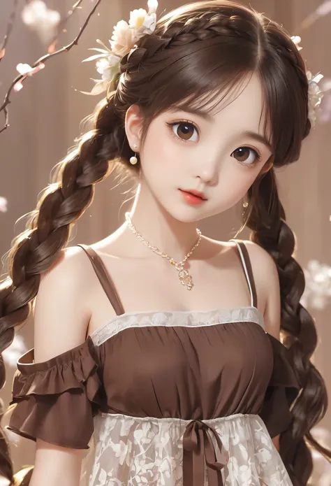 ((best quality, 8k, masterpiece :1.3))little girl、 cute anime style, ,brown double braids、，solitary,exquisite eyes, ((dark brown...