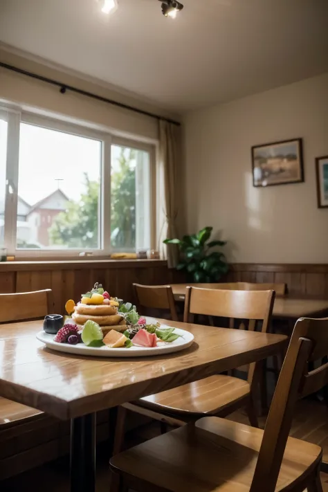 breakfast, cafe table, milk, plate of fresh fruit salad ,slice of corncake, warm lighting, cozy cafe interior, realistic, photorealistic, 4k, 8k, highres, (best quality, masterpiece:1.2), ultra-detailed, (realistic:1.37), studio lighting, vivid colors, bok...