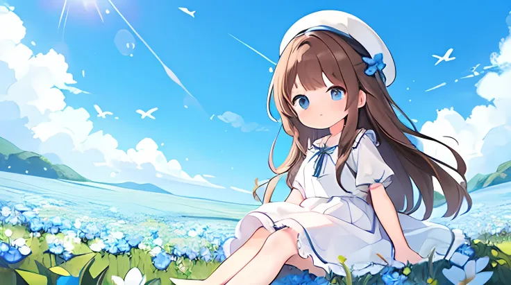 1 girl, white frill dress, blue flower field, sunlight, blue sky, summer, white beret, brown hair, blue eyes, princess long hair, short height, she sits barefoot on flowers,
