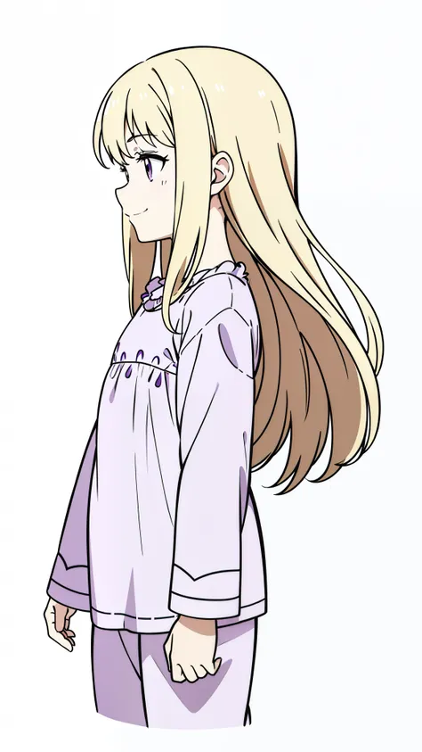 (1girl,9 years old,small,kid),blonde hair,long hair,((dark purple pijama)),long sleeves,smile,serious,(white background,line drawing),profile,