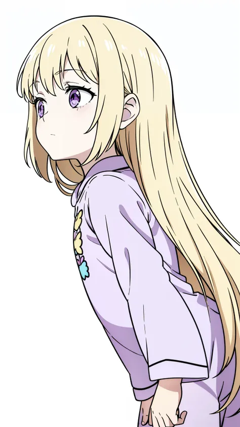 (1girl,9 years old,small,kid),blonde hair,long hair,((dark purple pijama)),long sleeves,(white background,line drawing),looking away,from side,