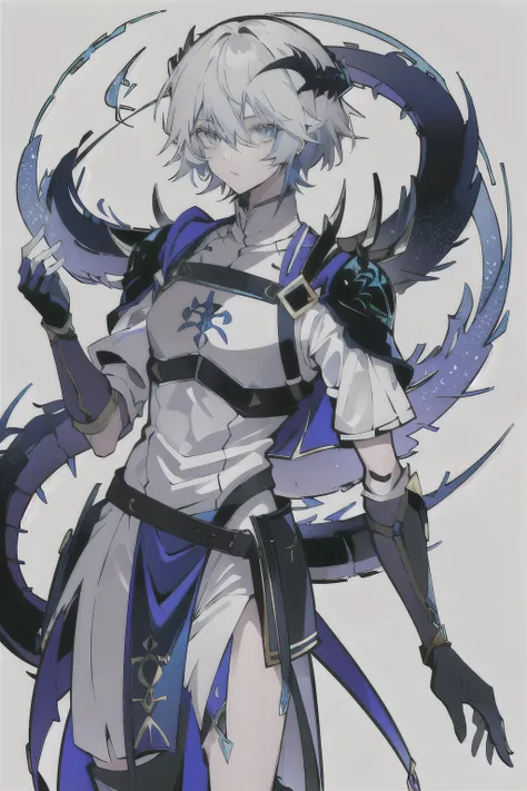 um homem de anime  com 1.80 de altura (cabelos longos prateados) com (olhos verdes) com (uma cicatriz em sua testa em x) e (several runes on his body with a blue color but the most striking is one that resembles a dragon on his back) 

roupas (he wears a t...