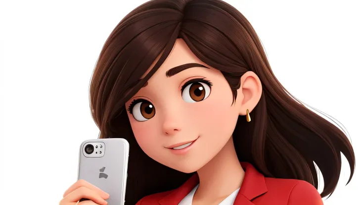 A 35-year-old woman, with long brown-black hair, round face, small cheeks, charming smile, and brown eyes, holding a cell phone close to her ear, white background, looking at the camera, red shirt and white blazer on top
