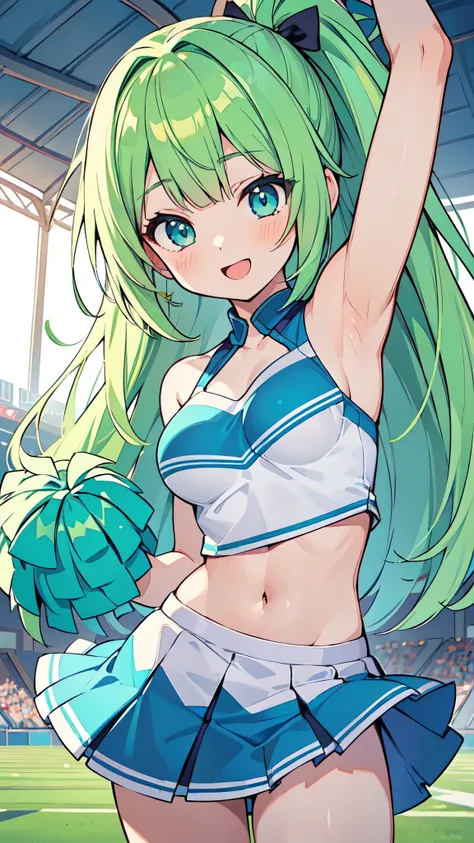 ((A Pretty cheerleader with green hair and blue eyes)), Baby face, ((master piece, top-quality, ultra-definition, high resolution)), anime girl, ((ultra-detailed illust:1.2)), only one person, bangs, hair between eye, beautiful hair, Shiny eyes, Medium bre...