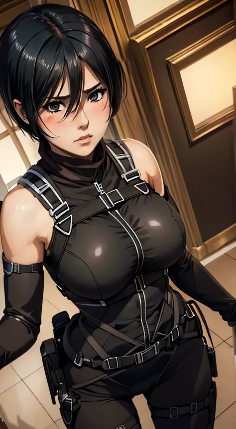 (best quality:1.3), (4k quality), Mikasa, ((Detailed face)), (blush), Mikasa, black short hair, grey eyes, ((detailed face)), perfect face, highly detailed eyes, masterpiece, absurdres , (intricate details), (colorful),cinematic lighting,extremely detailed...