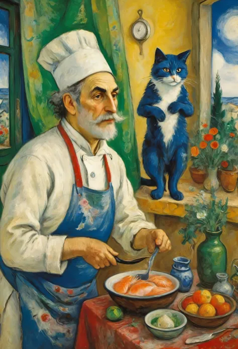 [genre scene]: the cook cleans the fish with a disgusted look and looks at the impudent cat ((Marc Chagall style!)), magical naive art, primitivism, protogen, ((Best quality, masterpiece)),
((((Highest detail), Impressionism:1,1, 8K