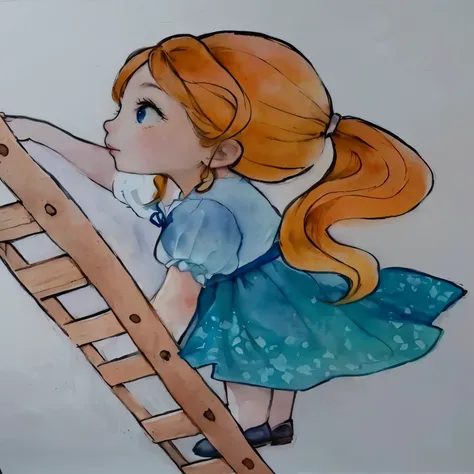 painting of a woman climbing a ladder to reach a bird, inspirado em Claire Hummel, inspirado em Elsa Beskow, aquarela e caneta, standing on a ladder, por Dóra Kresztes, estilo de desenho tradicional, watercolor pencil + Desenho a tinta, Aquarela, arte no e...