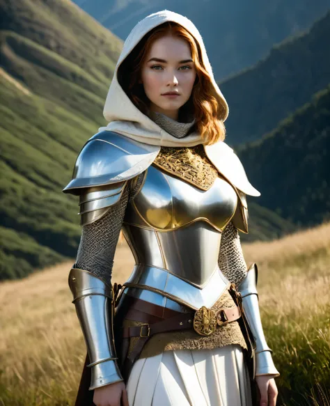 (masterpiece, top quality, best quality, beautiful and aesthetic:1.2), (1girl:1.3), light freckles, fair skin, extremely detailed, portrait, looking at viewer, solo, (full body:0.6), detailed background, close up, (warm grasslands theme:1.1), holy paladin ...