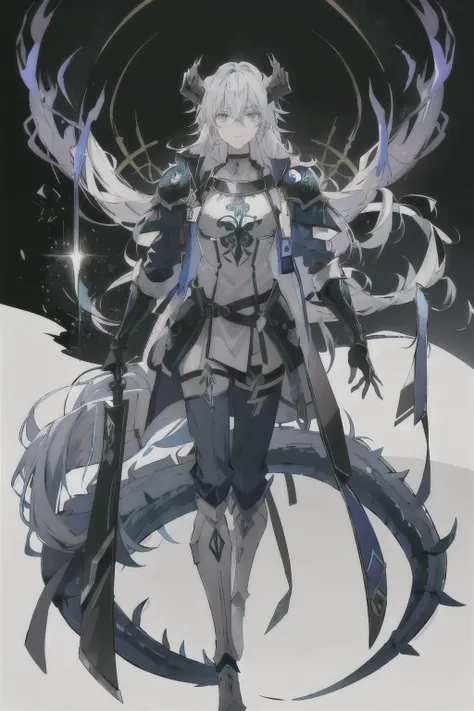 an anime man 1.80 tall (long silver hair) with (green eyes) with (a scar on his forehead in x) and (several runes on his body with a blue color but the most striking is one that resembles a dragon in your back) 

clothes (he wears a torn cloak and a breast...