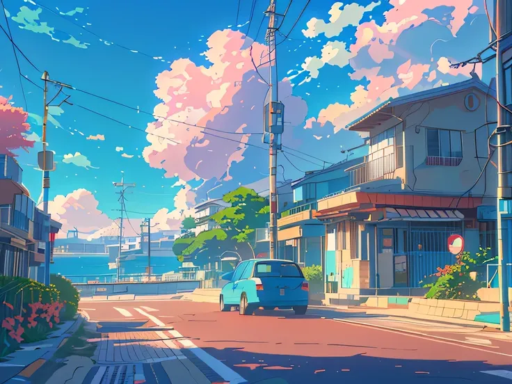 anime scenery of a car driving down a street with a building and a beach in the background, anime background art, summer street ...