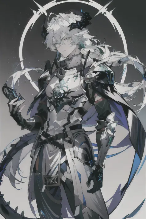 an anime man 1.80 tall (long silver hair) with (green eyes) with (a scar on his forehead in x) and (several runes on his body with a blue color but the most striking is one that resembles a dragon in your back) 

clothes (he wears a torn cloak and a breast...