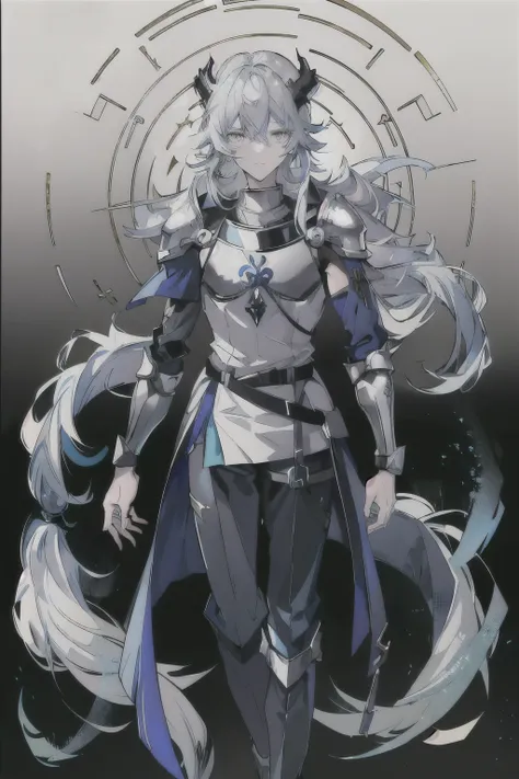 an anime man 1.80 tall (long silver hair) with (green eyes) with (a scar on his forehead in x) and (several runes on his body wi...