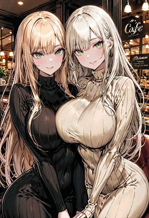 duo, 2 females, extremely long hair, cherry blonde, platinum blonde, curvaceous, huge breasts, green eyes, twin sisters, cuddling sisters, smile, turtleneck sweater, wink, one arm hug, cafe, luxurious