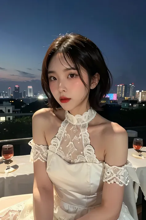 Korean Girls, Shoulder length short hair, ((At the rooftop restaurant)), Dating, pov, Still face, ((white lace dress)), candlestick, Luxurious beef steak, close face
