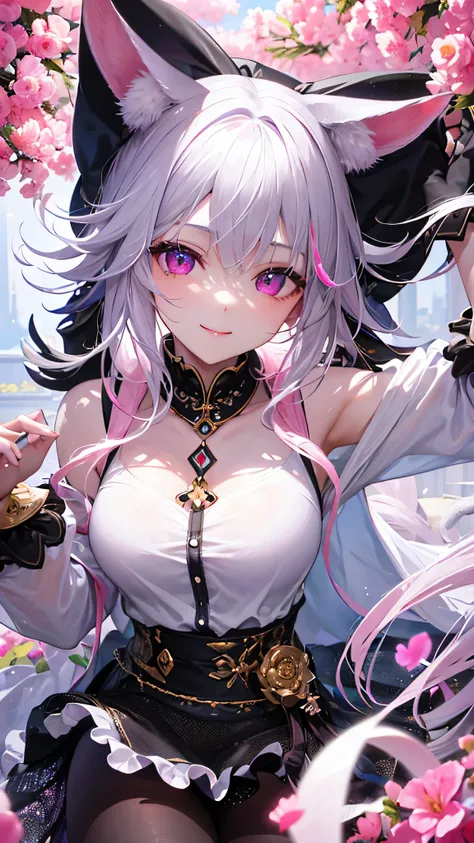 masterpiece,highest quality,Highly detailed face,Sparkling eyes,Highlighted eyes,Medium chest,pretty girl,smile,Cat ear,Beautiful silver hair,Pink inside,Beautiful pink eyes,Oversized shirt、skirt、black tights
