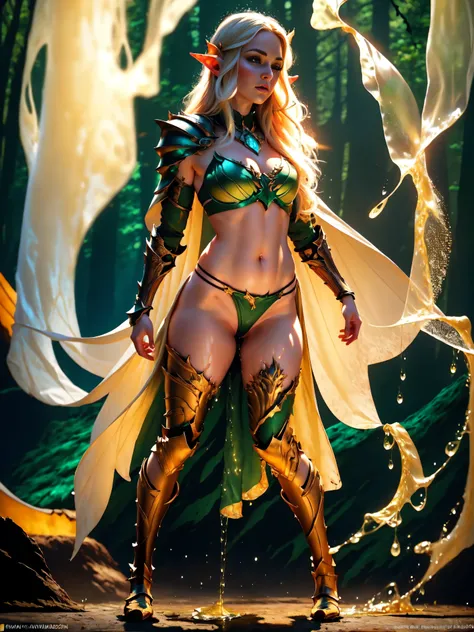 (masterpiece, clean, 8K, high res), pov, from front, full body portrait of a beautiful woman, extremely detailed face, slender body, narrow waist, bright golden hair, small breasts,  wearing intricate green and white armor, (chest armor) , elven torso armo...