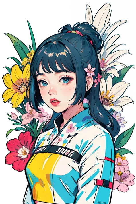 create digital artwork in the pop art style, featuring a vibrant and confident young asian girl，street fashion, movie color sche...