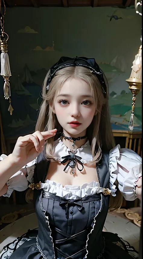 (((masterpiece))), (((Best image quality))), (((Ultra-realistic depiction))), (((Alice in Wonderland in Gothic Lolita Fashion))), (((Diorama world view))), Pocket watch, Checkered Floor, Rabbit in a tuxedo, King and Princess with Tramp Bodies, Poisonous mu...