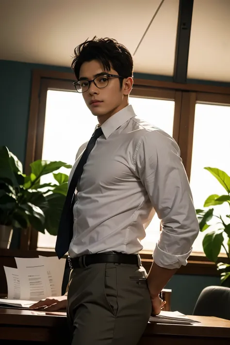 best quality, masterpiece, 8K, HD, masculine, 30 year-old filipino gentleman, very muscular, tanned skin, stylish hair, glasses on top of head, tight business suit, ((shirtspread)), vpl, papers and folders on table, tall indoor plants, big bubble butt, loo...