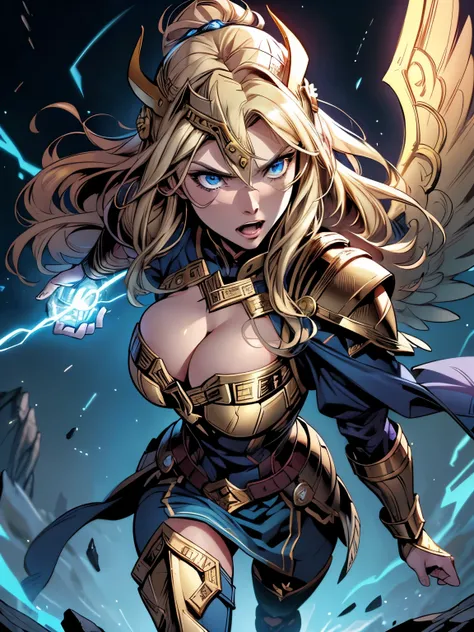 (best quality,4k,highres:1.2),dramatic comic book style,a blonde Asgardian heroine. She wears dark blue armor, gold trim, (((Norse helm with gold wings))), armored glove, deep v neck. stern expression. blond hair, long hair, blue eyes, (detailed eyes, deta...