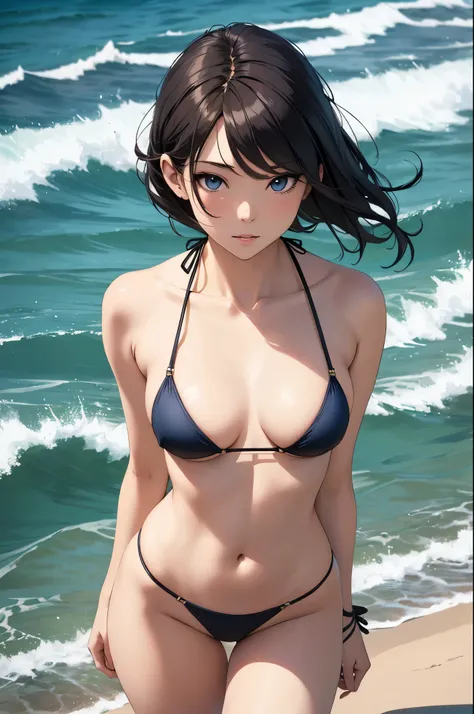 a sexy woman, (best quality), (masterpiece), (1girl), slim, anime, (flat chested), (protrait), (micro bikini), (view from above)
