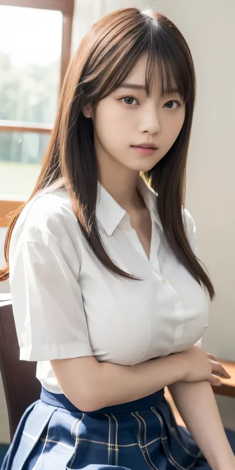 ((masterpiece, highest quality, High resolution)), 1 Japanese girl, (Realistic: 1.4),Great face and eyes, iris, 15 years old, Medium Hair, (Beautiful Hair:1.5), (Large Breasts、Saggy breasts:1.5), Glowing Skin, (Schoolgirl uniform、White blouse、Navy blue ple...
