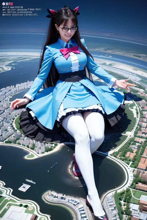 giantess art, highly detailed giantess shots, giantess, most detailed, perfect face, Two legs, Five fingers, A beautiful girl who is bigger than a skyscraper, Wearing rimless glasses, smile, huge breasts, blue base and white accents magical girl dress, bow...