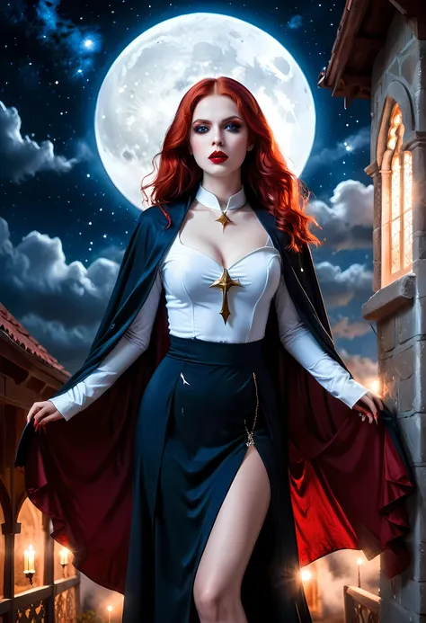 a picture of an exquisite beautiful female nun vampire standing under the starry night sky on the porch of her monastery, ultra feminine, (pale skin: 1.3), red hair, wavy hair, dynamic eyes color, cold eyes, glowing eyes, intense eyes, dark red lips, ((fan...