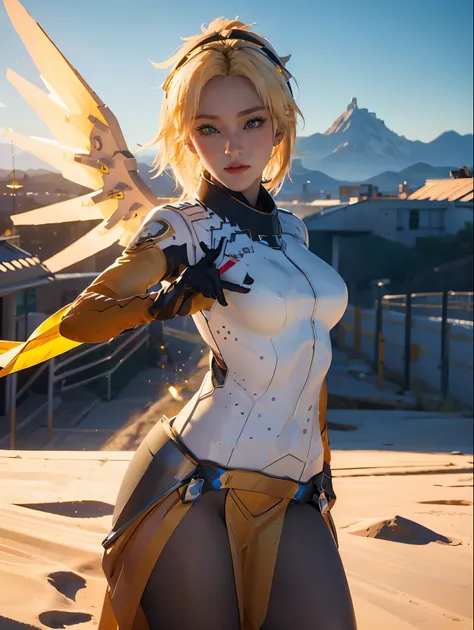 1girl, solo, mercy (overwatch), mechanical halo, breasts, blue eyes, blonde hair, pantyhose, mechanical wings, wings, halo, holding, bodysuit, yellow wings, brown pantyhose, lips, gloves, pelvic curtain, black gloves, big breast, full body, blue sky, gre...