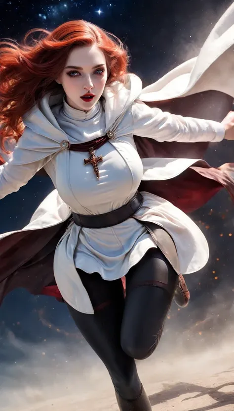 a picture of an exquisite beautiful female (nun: 1.3) vampire standing under the starry night sky on the porch of her monastary, action shot, dynamic angle (ultra detailed, Masterpiece, best quality), ultra detailed face (ultra detailed, Masterpiece, best ...