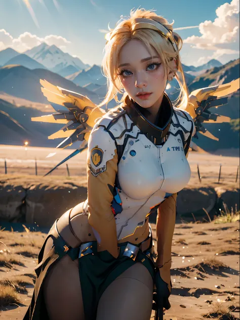 1girl, solo, mercy (overwatch), mechanical halo, breasts, blue eyes, blonde hair, pantyhose, mechanical wings, wings, halo,  holding, bodysuit,  yellow wings, brown pantyhose, lips, gloves, pelvic curtain, black gloves, big breast, full body, blue sky, gre...