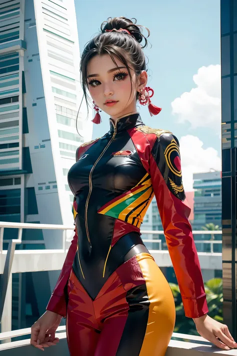 an indonesian-styled futuristic suit worn by a girl depicting cultural fusion and modern fashion. the suit is adorned with intri...