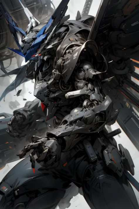 mecha black with blue details full of weapons missing an arm