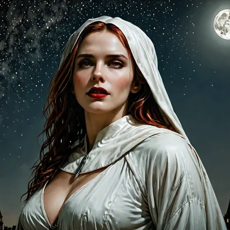 a picture of an exquisite beautiful female (nun: 1.3) vampire standing under the starry night sky on the porch of her monastary, action shot, dynamic angle (ultra detailed, Masterpiece, best quality), ultra detailed face (ultra detailed, Masterpiece, best ...