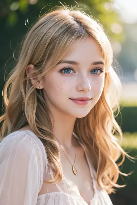 1. Appearance:
   - Youthful and attractive with a sweet and inviting smile
   - Big, sparkling blue eyes with long, dark eyelashes
   - Small, delicate nose and rosy, full lips
   - Clear, radiant skin with a natural, soft blush on her cheeks
   - Light f...